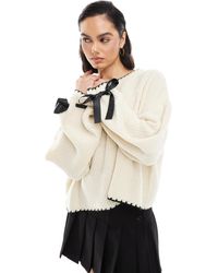 Miss Selfridge - Satin Bow Cuff Blanket Stitch Knit Jumper - Lyst