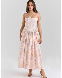 House Of Cb - Ysabella Peach Floral Print Stretch Cotton Midi Sundress - Lyst