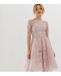 Chi Chi London Premium Lace Midi Dress With 3/4 Sleeve In Mink - Brown