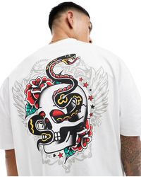 ASOS - T-shirt oversize bianca con stampa di teschio e serpente sulla schiena - Lyst