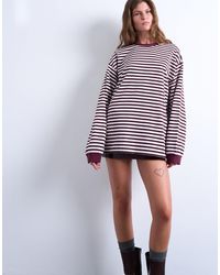 TOPSHOP - T-shirt coupe skateur ample à manches longues et rayures - bordeaux - Lyst