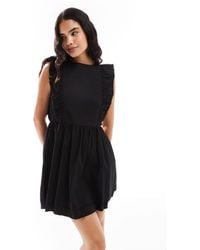 ASOS - High Neck Twill Mini Dress With Frill Shoulder Detail - Lyst