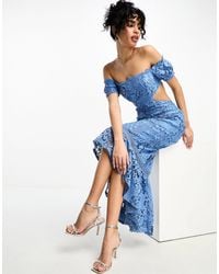 ASOS - Lace Bardot Cut Out Maxi Dress With Frill Hem - Lyst