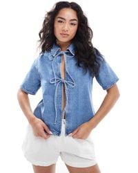ASOS - Denim Tie Front Short Sleeve Top - Lyst