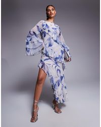 ASOS - Vestido Largo Azul De Corte Al Bies Con Estampado Floral, Volantes Y Mangas Escalonadas De - Lyst