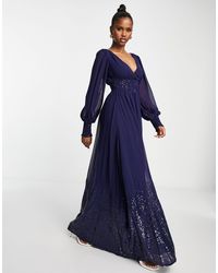 Goddiva Long Sleeve Maxi Prom Dress - Blue