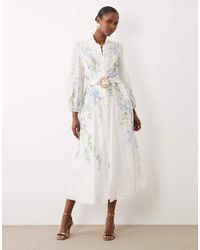 Forever New - Cotton Balloon Sleeve Button Through Belt Detail Midi Dress - Lyst