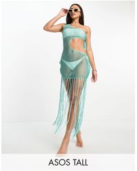 ASOS - Asos Design Tall Light Knit One Shoulder Midi Beach Dress With Fringing - Lyst
