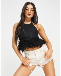 Naanaa Fishnet Top With Faux Feather Trim - Black