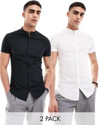 ASOS - 2 Pack Skinny Fit Grandad Collar Shirt With Roll Sleeves - Lyst