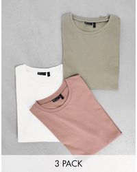 ASOS - Confezione da 3 t-shirt a maniche lunghe girocollo bianca e rosa slavato e kaki - Lyst