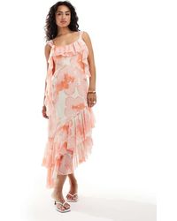 ASOS - Vestito Midi Con Bordi Grezzi, Volant A Doppio Strato E Stampa A Fiori Effetto Acquerello - Lyst