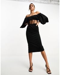 ASOS - Robe mi-longue à épaules dénudées, manches drapées et empiècement en tulle style corset - noir - Lyst