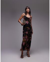 TOPSHOP - Robe nuisette mi-longue à imprimé fleuri avec col bénitier et détail torsadé au dos - rose/citron vert - Lyst