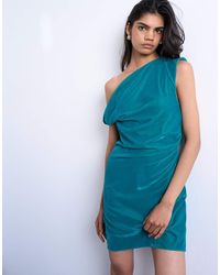 TOPSHOP - Vestido Corto Color Cerceta Con Detalle Retorcido En El Hombro Y Cuello Subido De -Azul - Lyst
