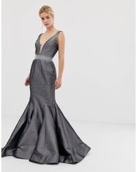 Jovani Structured Fishtail Maxi Dress - Gray