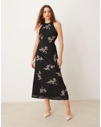 ASOS - All Over Floral Embroidered Halter Midi Dress With Open Back - Lyst