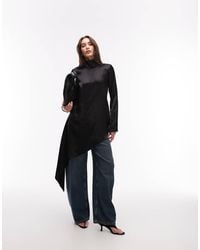 ASOS - Asymmetrische Top Van Satijn Met Opstaande Boord En Lange Pasvorm - Lyst