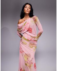 ASOS - Vestido Largo Rosa De Manga Larga Con Escote Bardot Holgado Y Estampado Floral De Mezcla De Malla De - Lyst