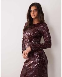 Vila - Abito Midi A Maniche Lunghe Con Paillettes Bordeaux - Lyst