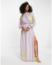 ASOS - High Neck Maxi Dress With Tie Waist Detail And Stencil Floral Embroidery - Lyst