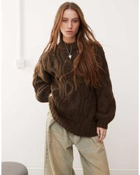 Monki - Oversized Gebreide Sweater Met Kabels En Ronde Hals - Lyst