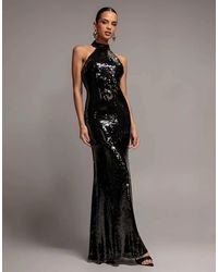 Goddiva - Sequin Open Back Halter Neck Maxi Dress - Lyst