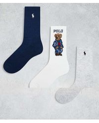 Polo Ralph Lauren - Confezione Da 3 Paia Di Calzini Grigi, Bianchi E Blu Con Logo E Orsetto - Lyst