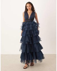 True Decadence - Plunging Neck Layered Tulle Maxi Dress - Lyst