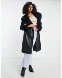 Vila - Faux Fur Trim Leather Look Coat With Belt - Lyst