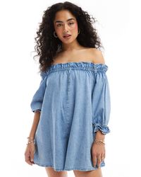 ASOS - Soft Denim Off The Shoulder Playsuit With Frill Detail - Lyst