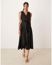 Mango - Linen Look Tie Waist Button Through Midi Dress - Lyst