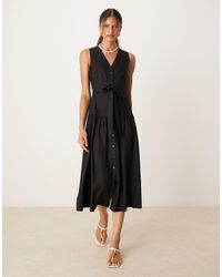 Mango - Midi Jurk Met Linnenlook, Gestrikte Taille En Knopen - Lyst