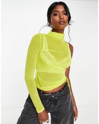 TOPSHOP - Mesh High Neck One Shouldered Ruched Side Long Sleeve Top - Lyst