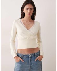 Miss Selfridge - Knitted Wrap Top With Lace Trim Detail - Lyst