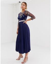 Little Mistress Embroidered Top Midi Dress In Navy - Blue