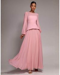 Goddiva - Bishop Sleeve Peplum Top Sculpting Stretch Jersey Crepe And Chiffon Maxi Dress - Lyst