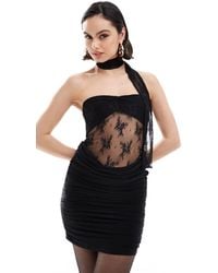 ASOS - Bandeau Mini Dress With Sheer Lace Top And Necktie - Lyst