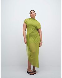 brown puff sleeve midi dress Women's Something to Behold Brown Faux Leather Short Sleeve Belted Midi Dress | Size: L