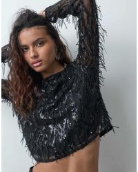 ONLY - Cropped Long Sleeve Mesh Overlay Sequin Top Co-Ord - Lyst