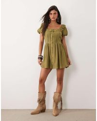 Daisy Street - Ruffle Neck Button Down Mini Dress With Puff Sleeves - Lyst