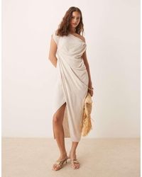 ASOS - Linen Fallen Twist Shoulder Wrap Skirt Detail Midi Dress - Lyst