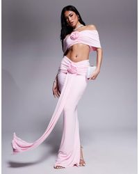 Wanderdoll - Belle Modal Ruched Bardot Top And Maxi Skirt Set With Corsage Drape Detail - Lyst