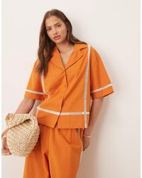 ASOS - Camisa De Manga Corta Con Ribete En Contraste De Mezcla De Lino De (Parte De Un Conjunto)-Naranja - Lyst