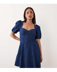 Nobody's Child Petite - Tulla Denim Sweetheart Neckline Puff Sleeve Mini Dress - Lyst