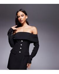 Kaiia - Exclusive Bardot Foldover Tailored Long Sleeve Diamante Button Detail Mini Dress - Lyst