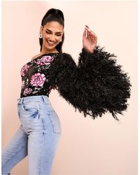 ASOS - One Shoulder Asymmetric Embellished Bodysuit With Faux Feather Sleeve - Lyst