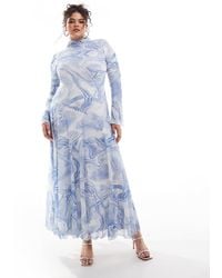 ASOS - Asos design curve - robe trapèze longue en tulle à imprimé abstrait avec manches longues et col montant - bleu - Lyst