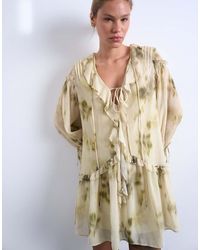 TOPSHOP - Mini Jurk Met Ruche En Romantische Mouwen - Lyst