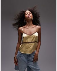 TOPSHOP - Top Amarillo De Tirantes De Satén Con Ribete Marrón De Encaje De -Azul - Lyst